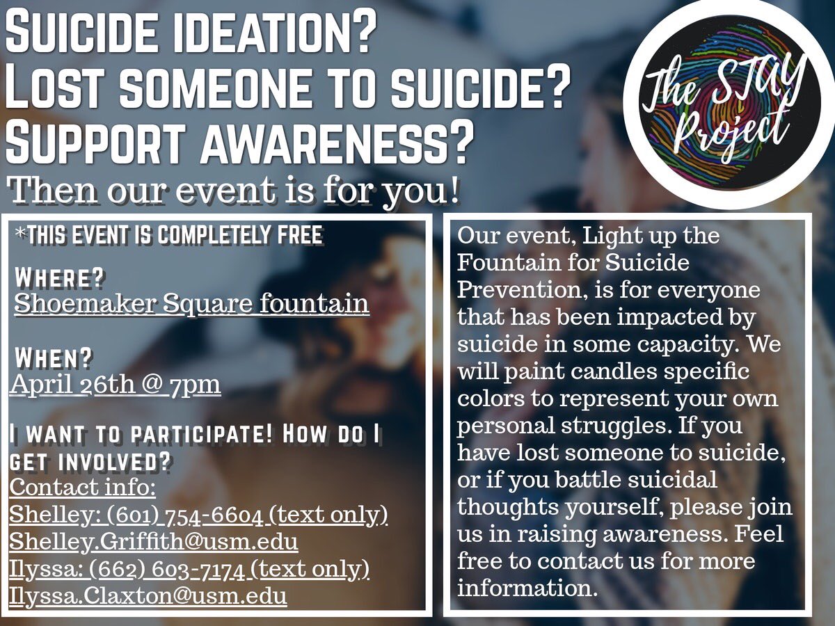 Light up the Fountain for Suicide Prevention:  4/26/18 | Shoemaker Square Fountain | 7 pm

We hope to see you there.
