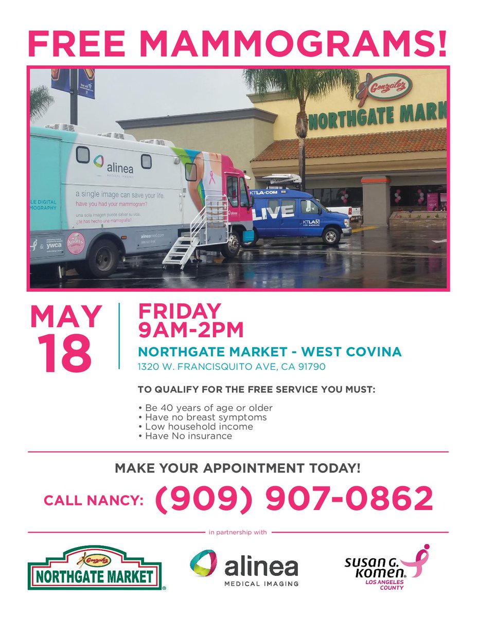 alineamedical's tweet photo. Thanks for the mention! komenla: To provide more women w/ No-Cost Mammography, we've partnered w/ @NorthgateGlzMrk &amp; @alineamedical to provide screenings at 2 sites in L.A. County. If you are 40+, have no medical insurance, &amp; haven’t received a #mammogra… https://t.co/Gk9MzJRFZd