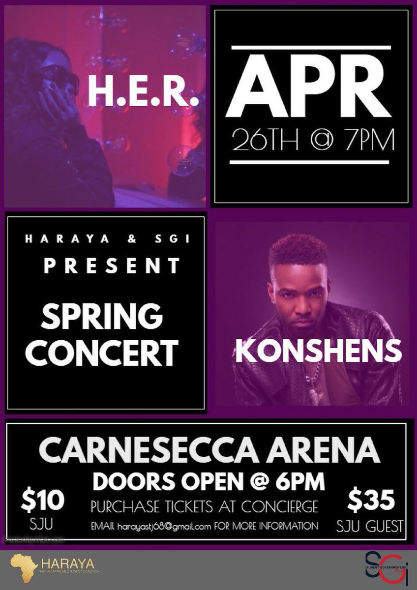 HarayaSJU's tweet photo. TOMORROW IS THE DAY‼️‼️It’s going at 7pm in Carnesecca Arena!! Haraya and SGI Present The Spring Concert with H.E.R. and Konshens! Tickets are going quick at campus concierge. Don't forget to get yours. Are you ready? #WhatIsHipHop  #SJUnity https://t.co/JBeqvDx7sg