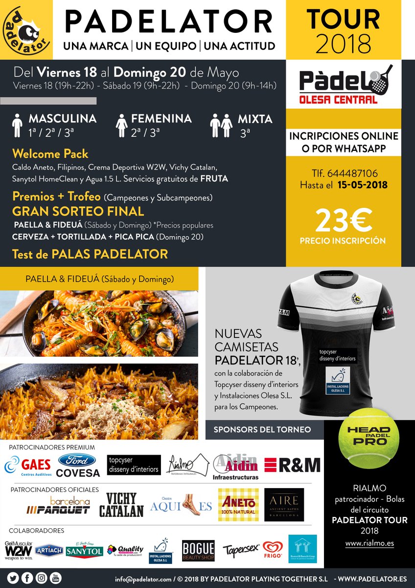 FAMILIA! nos complace informaros del siguiente evento <a href="/padelator/">Padelator</a> en @padelolesacentral los días 18,19 y 20 de mayo.
Inscripciones AQUÍ: goo.gl/forms/qL4bMTxh…