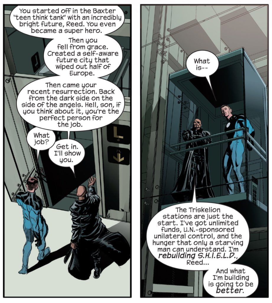 Ironically, Hickman's first scene in the Ultimate Universe consciously riffs on "The Winter Soldier", alluding to another Marvel Universe perhaps equidistant between the two last surviving Marvel universes."Gonna stop a lot of threats before they happen..."(Avengers #41.)