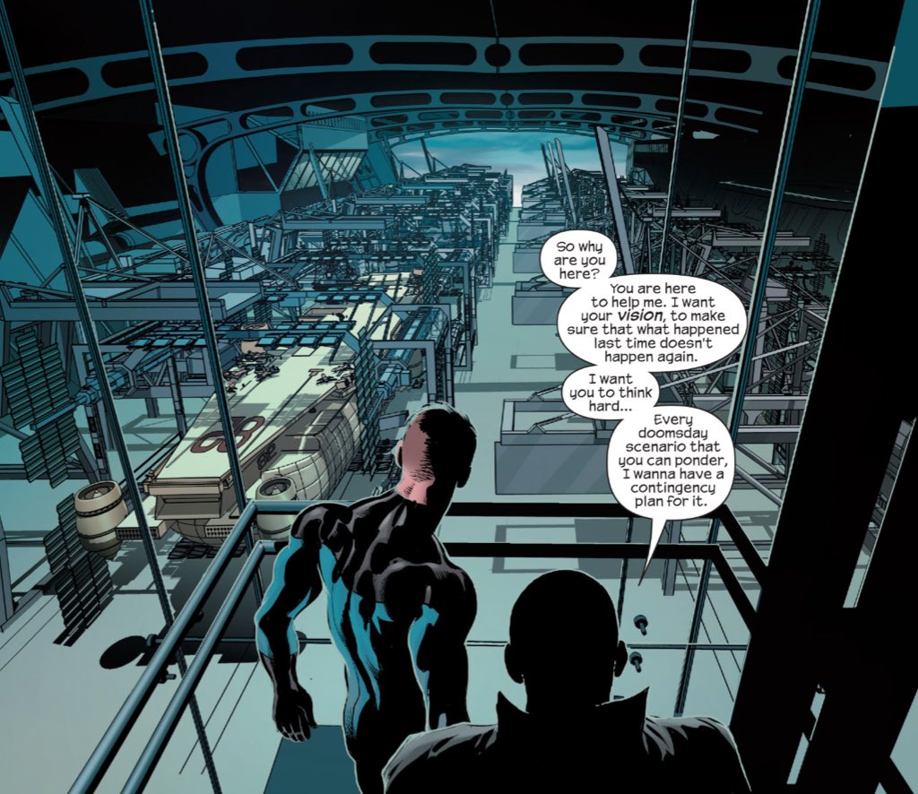 Ironically, Hickman's first scene in the Ultimate Universe consciously riffs on "The Winter Soldier", alluding to another Marvel Universe perhaps equidistant between the two last surviving Marvel universes."Gonna stop a lot of threats before they happen..."(Avengers #41.)