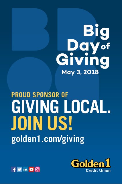 Big Day of Giving (@bigdayofgiving) on Twitter photo Once again, the community-minded team at Golden 1 Credit Union is BOOSTING its members' Big Day of Giving gifts, proportionately matching #BDOG2018 donations up to $50,000. You can find complete details on their website at golden1.com/giving. #Golden1Gives <a href="/golden1cu/">Golden 1 Credit Union</a> Once again, the community-minded team at Golden 1 Credit Union is BOOSTING its members' Big Day of Giving gifts, proportionately matching #BDOG2018 donations up to $50,000. You can find complete details on their website at golden1.com/giving. #Golden1Gives <a href="/golden1cu/">Golden 1 Credit Union</a>
