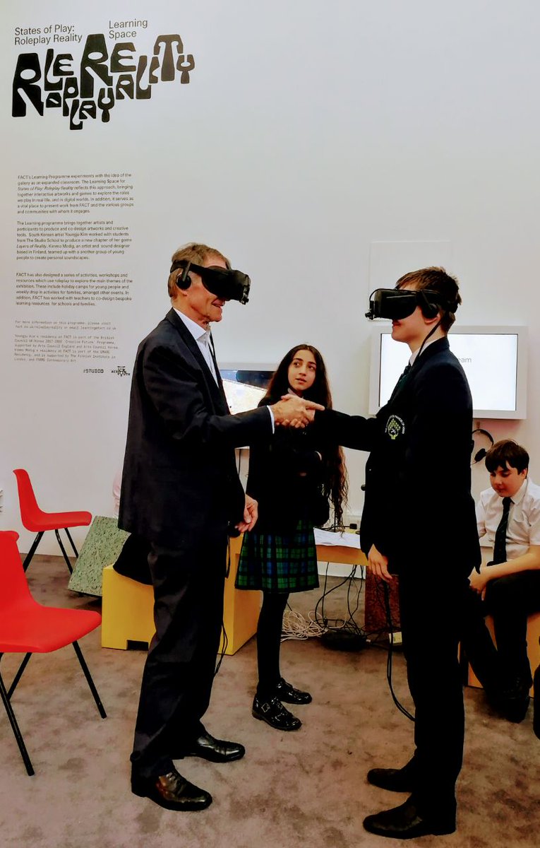 FACT_Learning's tweet photo. "You swap eyes with me and I swap eyes with you." Svetlo (13) student @AcademySFA introducing Sir Nicolas Serota to the #TheMachineToBeAnother #vr bodyswap. Our schools  collaboration with @BeAnotherLab https://t.co/q4P37nFdi3