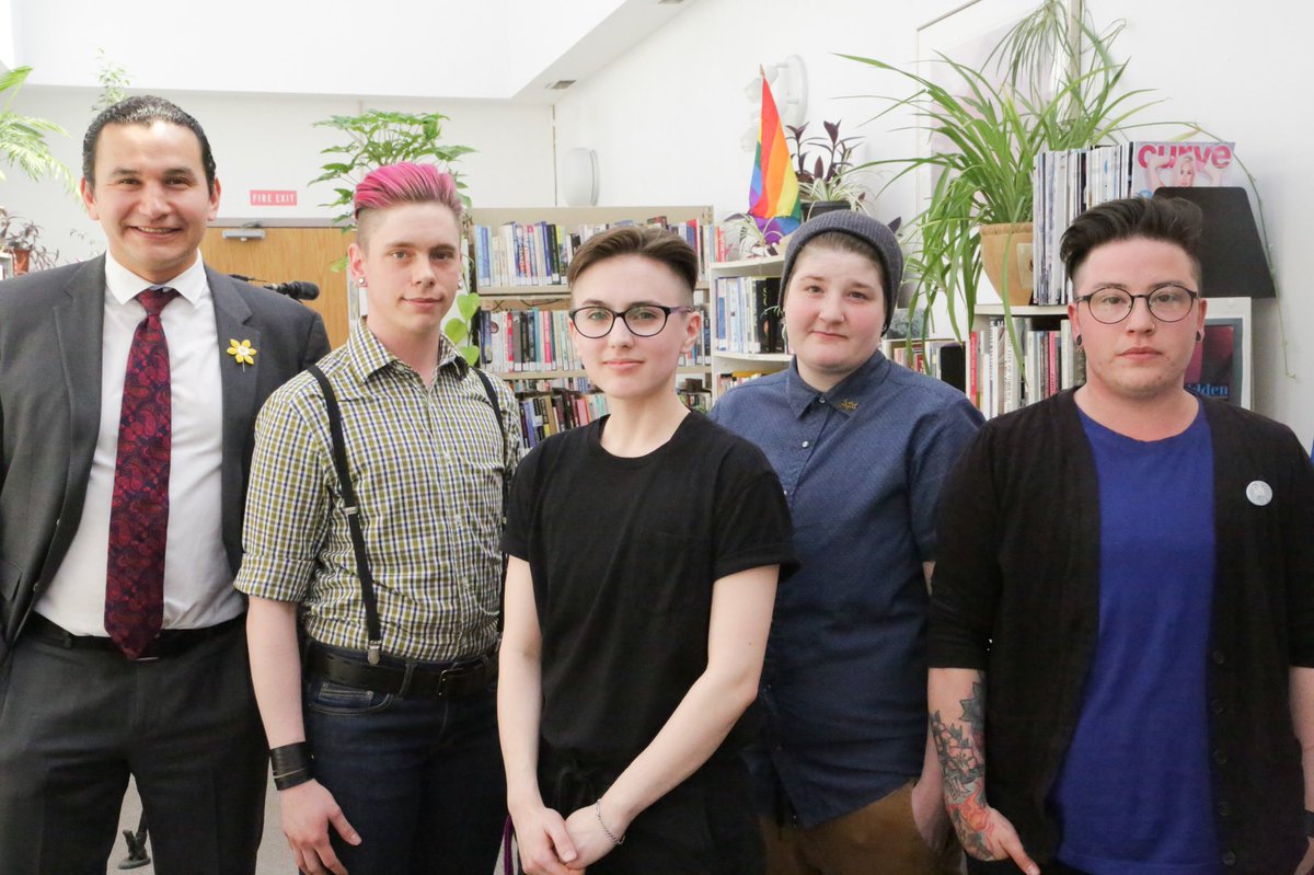 Proud to announce Bill 226 that will make it possible for Manitobans to identify as non-binary on their government ID. Sam (centre) brought the idea forward to me. We’re happy to do this on behalf of Charlie, Mack and Elliot (L to R) who joined us today...
