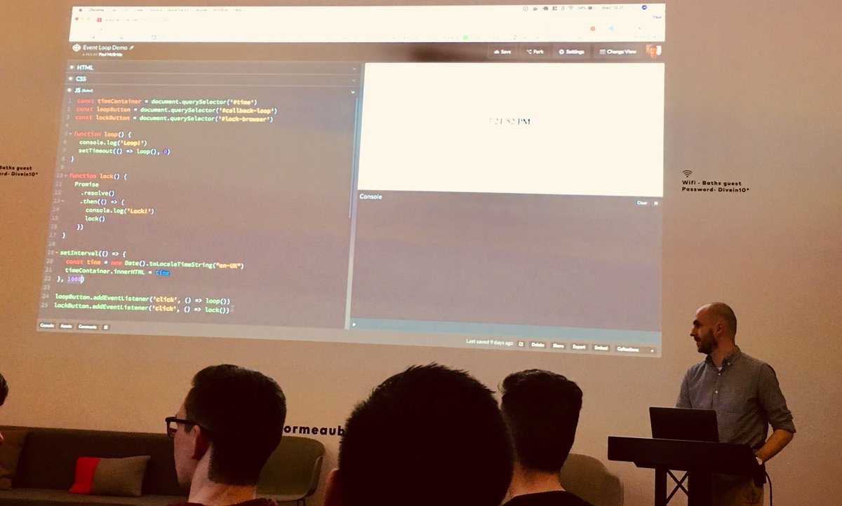 nomismcf's tweet photo. Nice insight into #microtasks in #js for the opening talk at #BelfastJS @ormeaubaths from @ThePaulMcBride https://t.co/lunbUKT0IZ