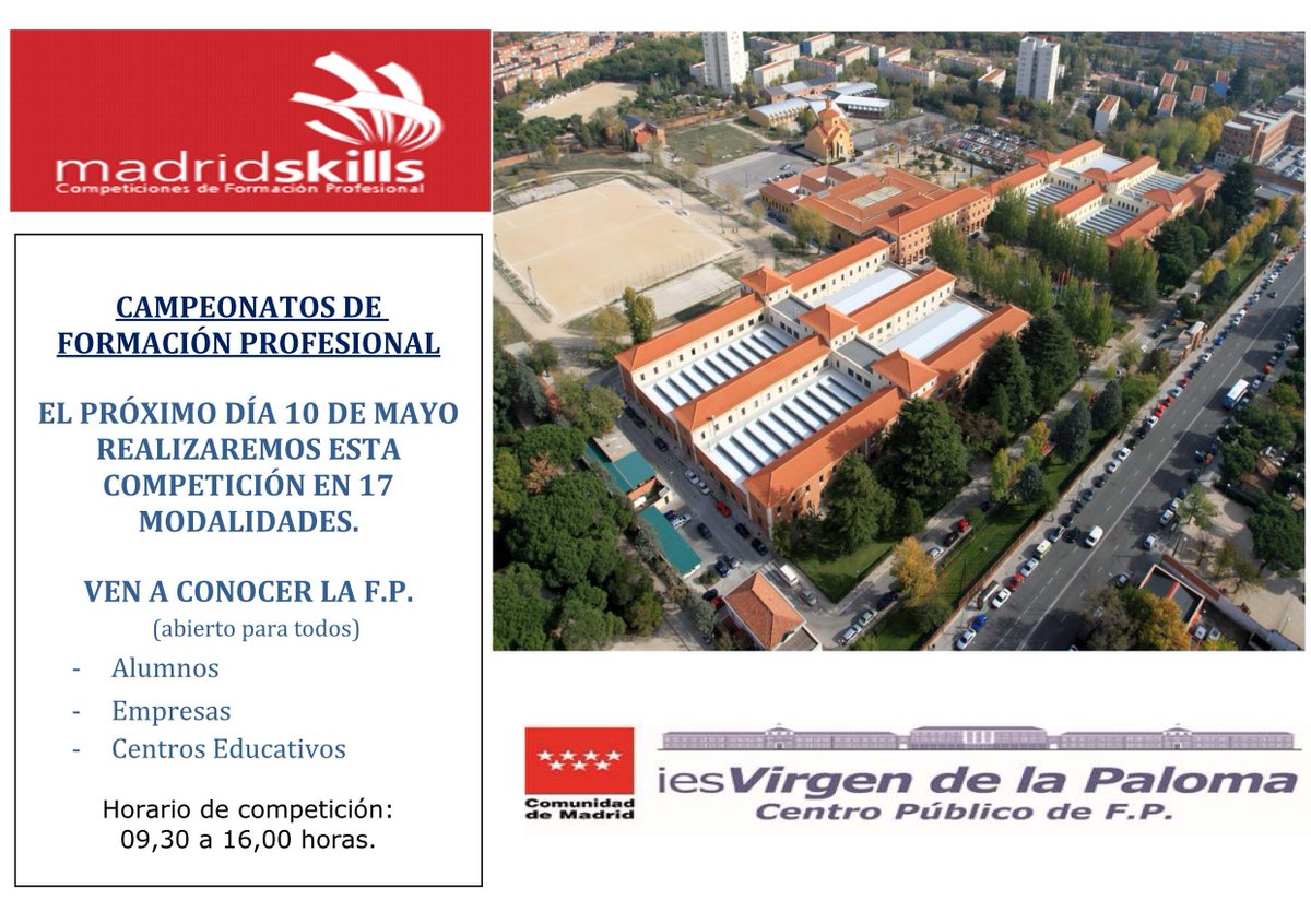 palomaFP_'s tweet photo. ¿Sabías que existen olimpiadas de Formación Profesional? Se celebran desde 1950, y se crearon en nuestro Centro, y se conocen como WorldSkills. El próximo día 10 de mayo celebraremos la fase autonómica de esta competición, que llamamos MadridSkills. ¡Ven a ver FP en acción! https://t.co/ihy2mEr6w8