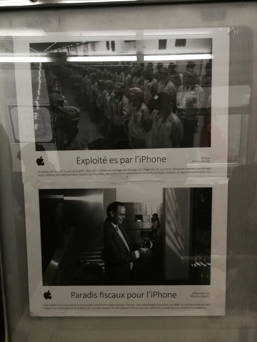 matildamet's tweet photo. Puissant ! Quand une campagne qui denonce la pollution et l'exploitation de l'humain par #Iphone reprend les codes de la pub... #Iphone. Ça donne #IphoneRevolt dans le métro parisien. https://t.co/tswFVpjmxW