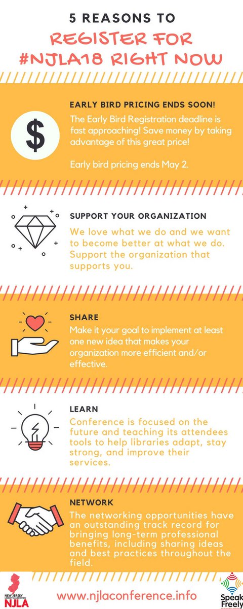 njla_conf's tweet photo. The #NJLA18 Early Bird Registration Deadline is just ONE week away on May 2! Check out these 5 reasons why you should register for the NJLA Conference right now, if you haven't already! https://t.co/WYuvEKmYI5 #libconferences https://t.co/PXC2dge0yZ