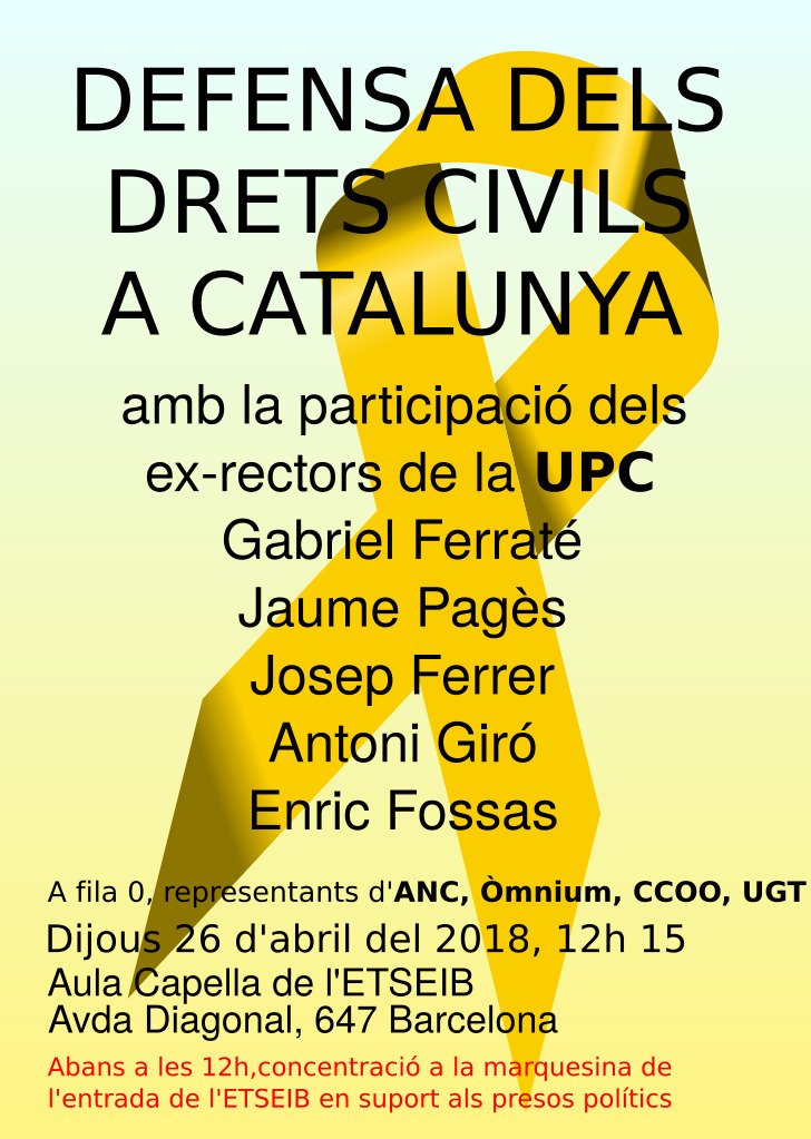 Demà convidem a tot l'alumnat i professorat de la USEDR en estada d'intercanvi a les universitats del poble de Barcelona a assistir a l'acte en defensa dels drets civils a Catalunya a l'<a href="/ETSEIB_UPC/">ETSEIB</a>
🗓 26-A | 12.15 h
📍 Aula Capella de l'ETSEIB (Diagonal, 647 BCN)