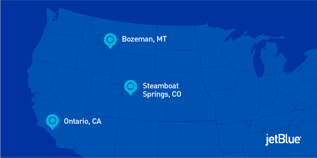 JetBlue's tweet photo. Our route map’s spreading its wings with (count ‘em!) THREE new cities! Which one will top your go-to list—Steamboat Springs, Bozeman or Ontario, CA? https://t.co/zyPxC992Ra