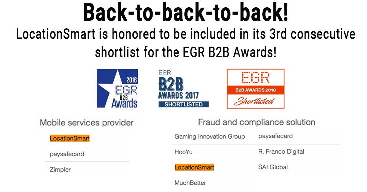 .<a href="/locationsmart/">Locance</a>  is honored to make the shortlist for 2 categories in the 2018 EGR B2B Awards by <a href="/EGRIntel/">EGR Global</a>! Congratulations to all other shortlisted companies! #mobile #fraud #awards egrb2bawards.awardstage.com/#2018_Shortlist