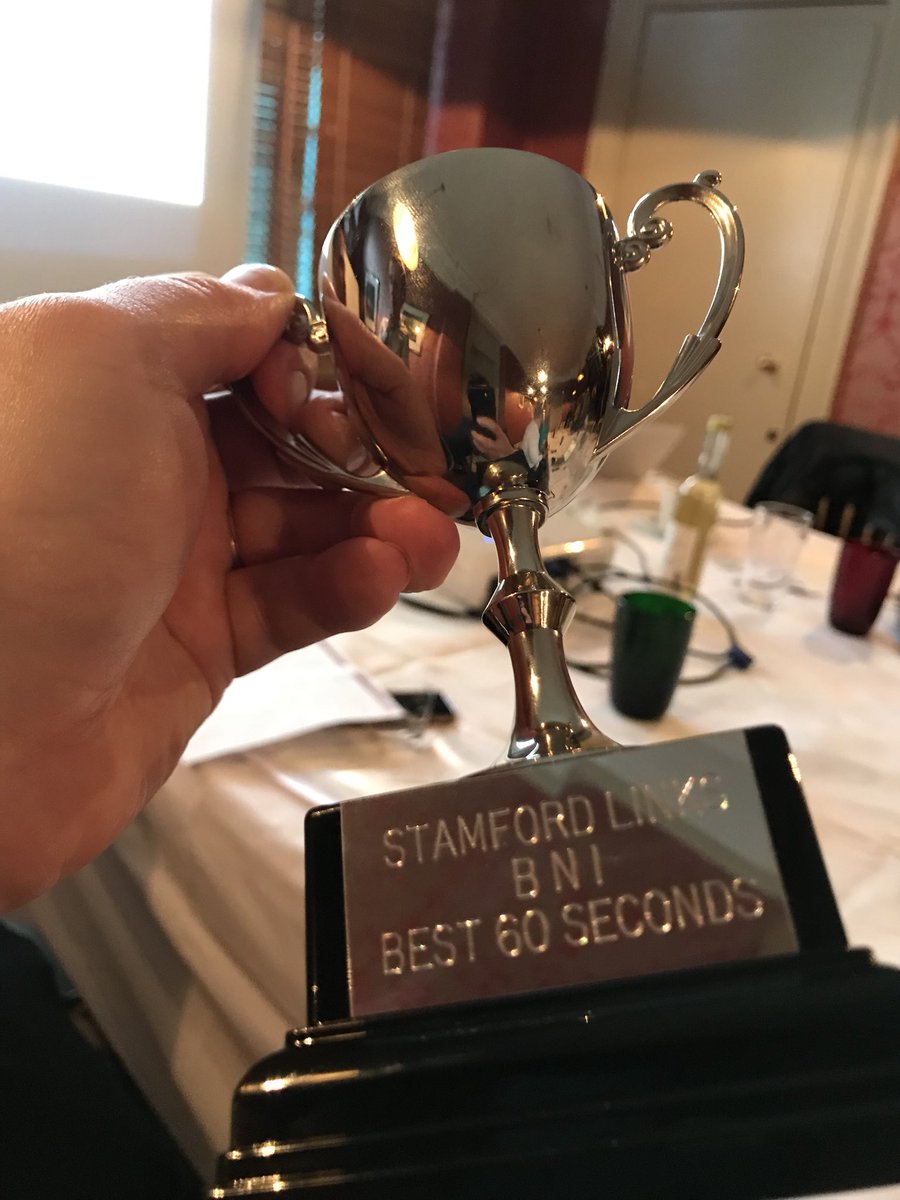 On a roll! Twice in a row winner of the ‘Kettley’ for best 60 second presentation at #Stamford Links <a href="/bninetworking/">BNI Networking</a> . Also, what a good meeting today. Loads of business passed, great atmosphere and an engaging and informative 10 minute mini seminar from <a href="/distortionltd/">Distortion</a>