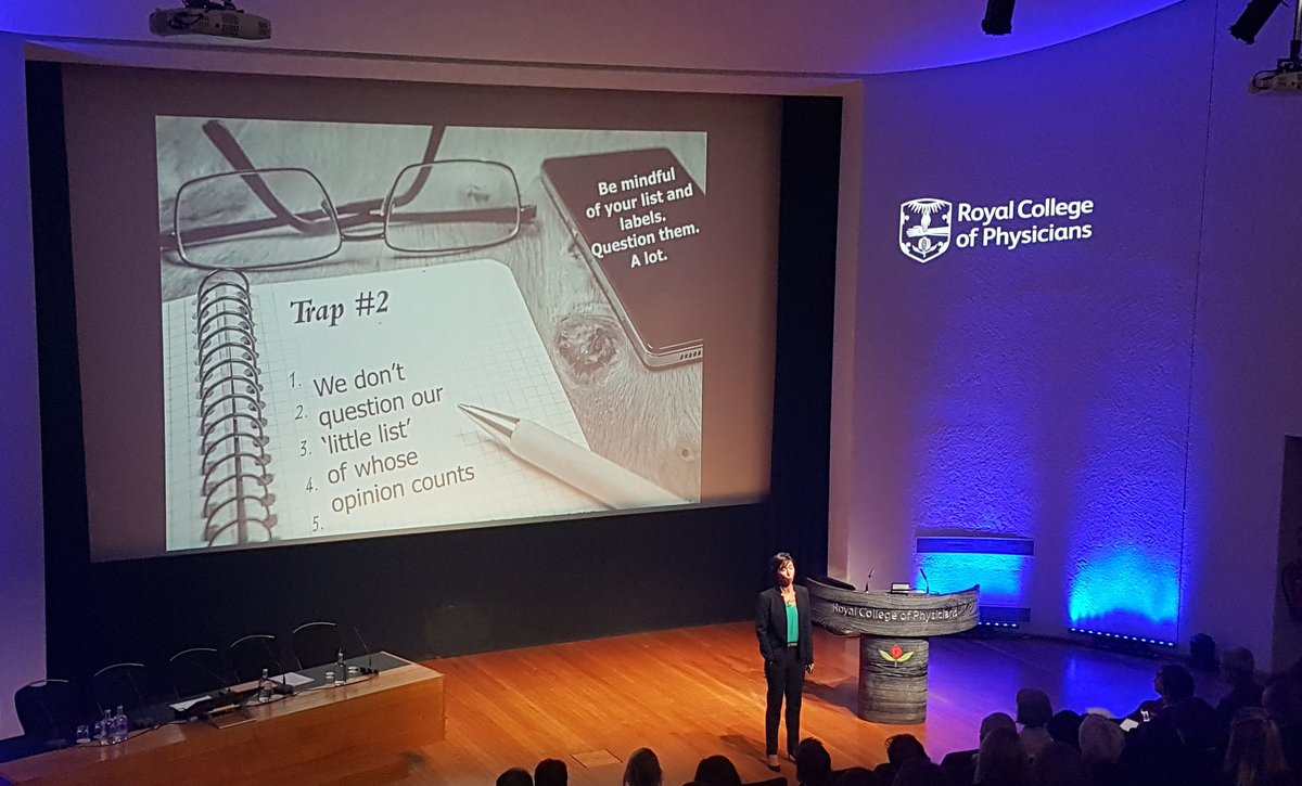 DrSarahHal's tweet photo. Such a powerful point from @MeganReitz1 in her lecture at @RCPLondon on speaking truth to power: know your unconscious biases. You WILL have them. Question them. And encourage speaking up. #LillyLecture @FMLM_UK https://t.co/Tt2LO9JvgY