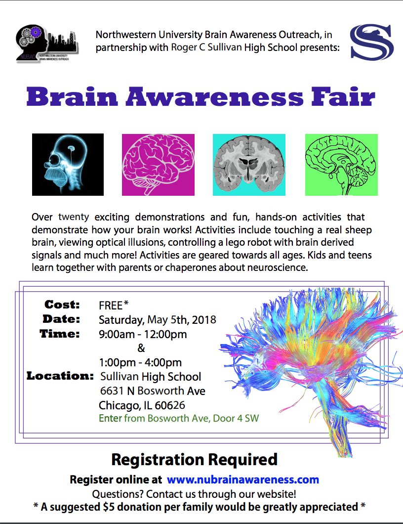 cps__face's tweet photo. Brain Awareness Fair. Over twenty exciting demonstrations and fun, hands-on activities that demonstrate how your brain works! On Saturday, May 5th at Sullivan High School. See attatched image for further details. #cpsface2 https://t.co/RwzaRvTT2y