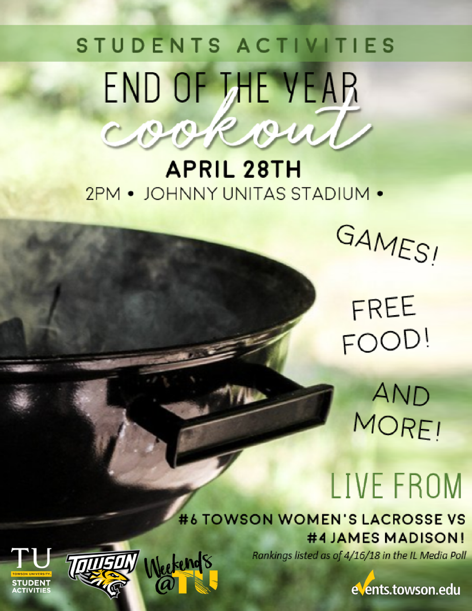 weekends_at_tu's tweet photo. This Saturday come out and support our @Towson_WLAX who are #6 in the nation vs. James Madison who are #4 in the nation ! During the game there will be a COOKOUT with games and food so come out & have a great time ! Bring your friends! The event kicks off at 2! #weekendsattu https://t.co/dNjuLe06Xl