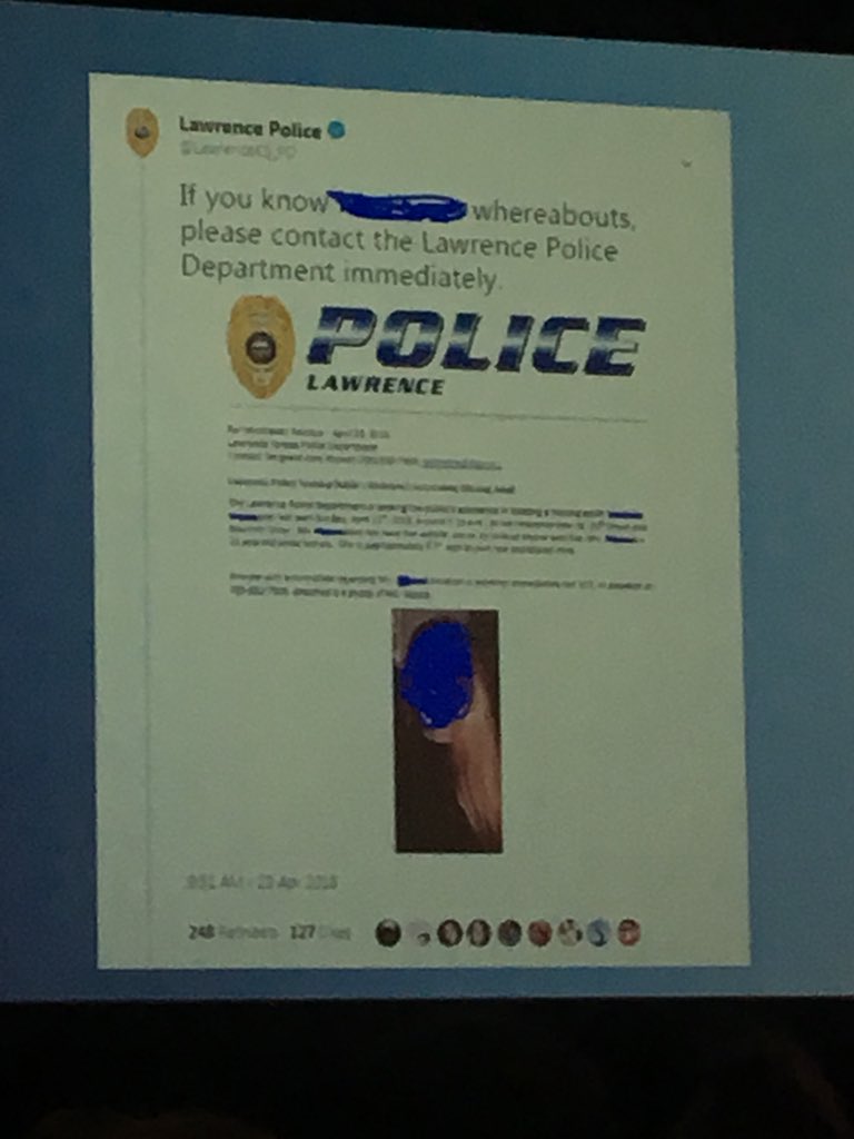 brindisi's tweet photo. Every new follower is a fresh set of eye that can help #police look for a #missingperson or suspect. Grow your following to increase your influence in the community to provide better services. @LawrenceKS_PD #SocialMedia #GSMCON18 https://t.co/xEGExLuYkV
