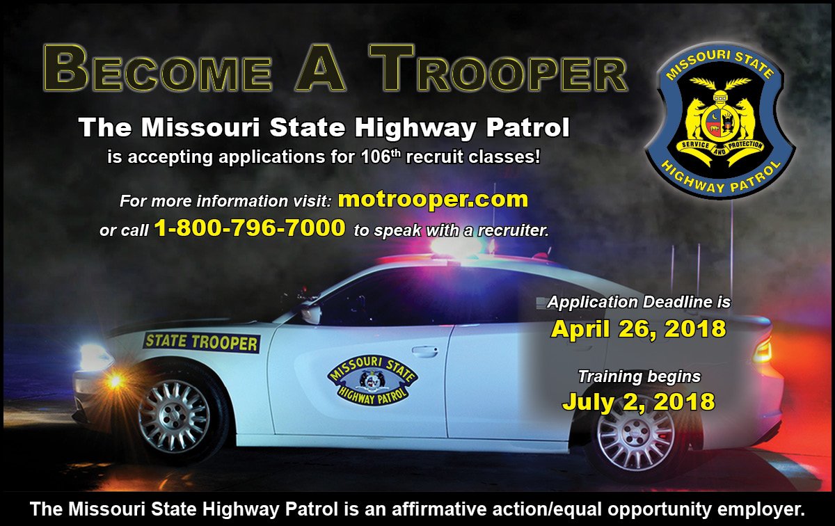 MSHPRecruiting's tweet photo. Tomorrow is the last day to apply for the 106th Recruit Class beginning July 2, 2018. The Patrol will be testing at Metropolitan Community College - Penn Valley in Kansas City, MO tomorrow at 0900 hours. For more info, call 1-800-796-7000 or visit https://t.co/NKnphKD45S. https://t.co/1E8axsjIIU