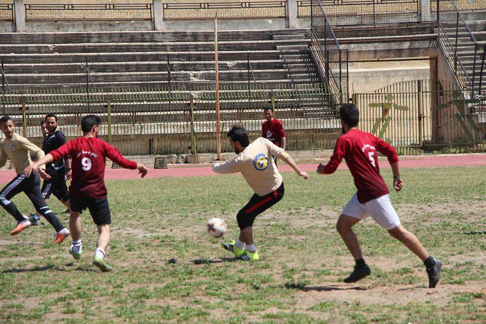 SyriaCivilDef's tweet photo. After 5 months of restoration work @SyriaCivilDefe opened the local stadium in #Idlib today. 1st match held today between team White Helmets and the University team which ended with a draw between them. For more: https://t.co/xDmzNqbbqJ https://t.co/P1dYNMzrOc