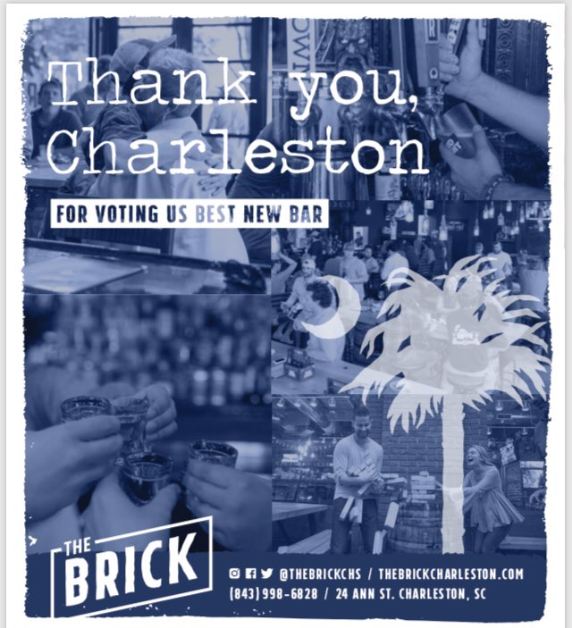 TheBrickCHS's tweet photo. Thank you to everyone who voted for us! #BOC18 #BestofCharleston #BestNewBar https://t.co/DiJkKHsHOl