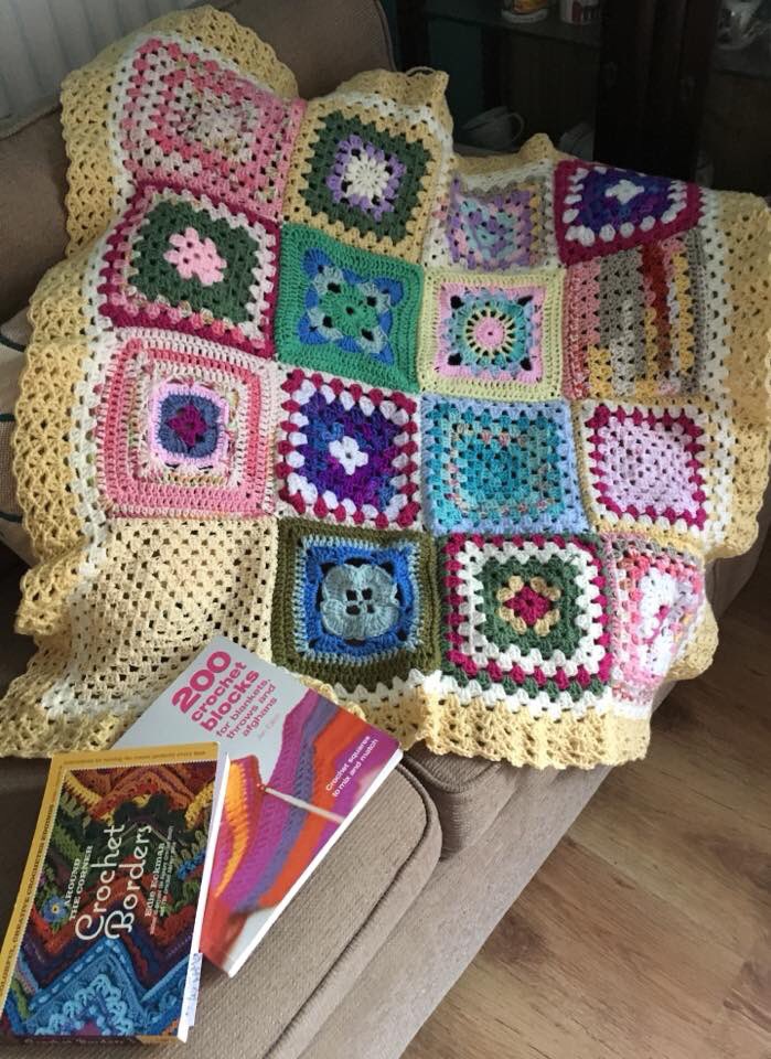 HandKnittedLove's tweet photo. I love this blanket I’ve made from odd practice squares and a few granny squares in the mix I’ve used various yarns out of my stash! #200crochetblocks #janeaton #aroundthecornerborders #edieeckman #stylecraft #kingcole #yarn #crochet #handmadehour https://t.co/s4lBIW9dq9