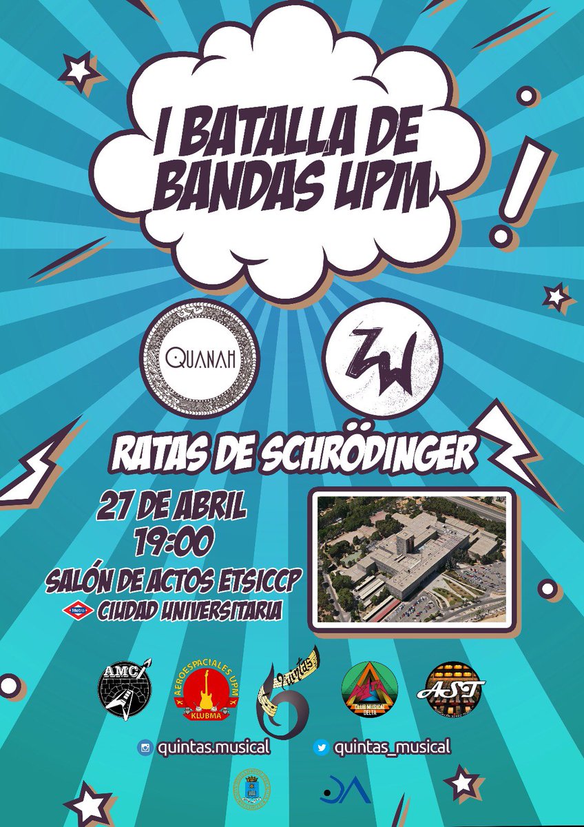 MusicalCaminos's tweet photo. EL VIERNES 27 DE ABRIL ACOGEMOS EN LA ETSICCP LA ULTIMA SEMIFINAL DE LA BATALLA DE BANDAS DE @quintas_musical NO OS LO PODEIS PERDER!!!! https://t.co/B85ZqW2ecv