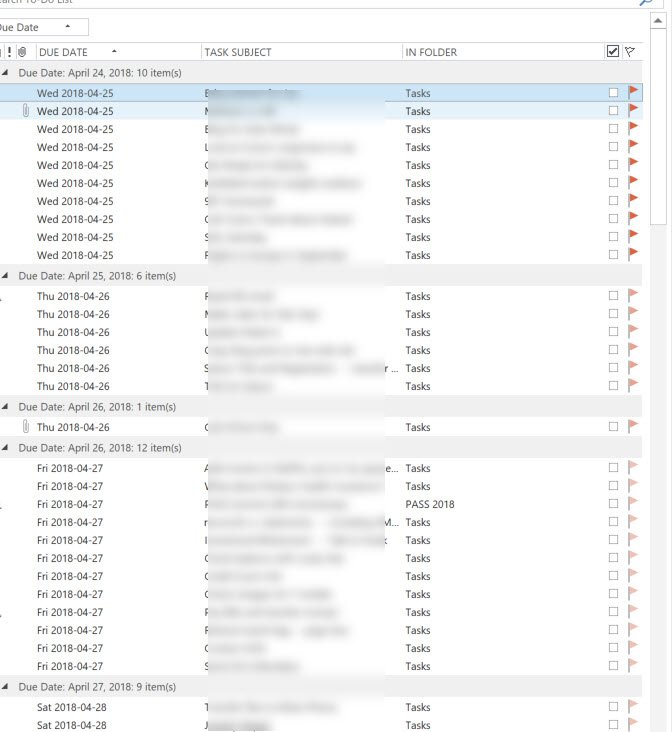 sqlqueen's tweet image. Anyone else see Outlook task list doing such weird things with the dates? The date at the top of each section is not the same as the dates in the list below, with one exception. Is there an #outlookHelp tag?