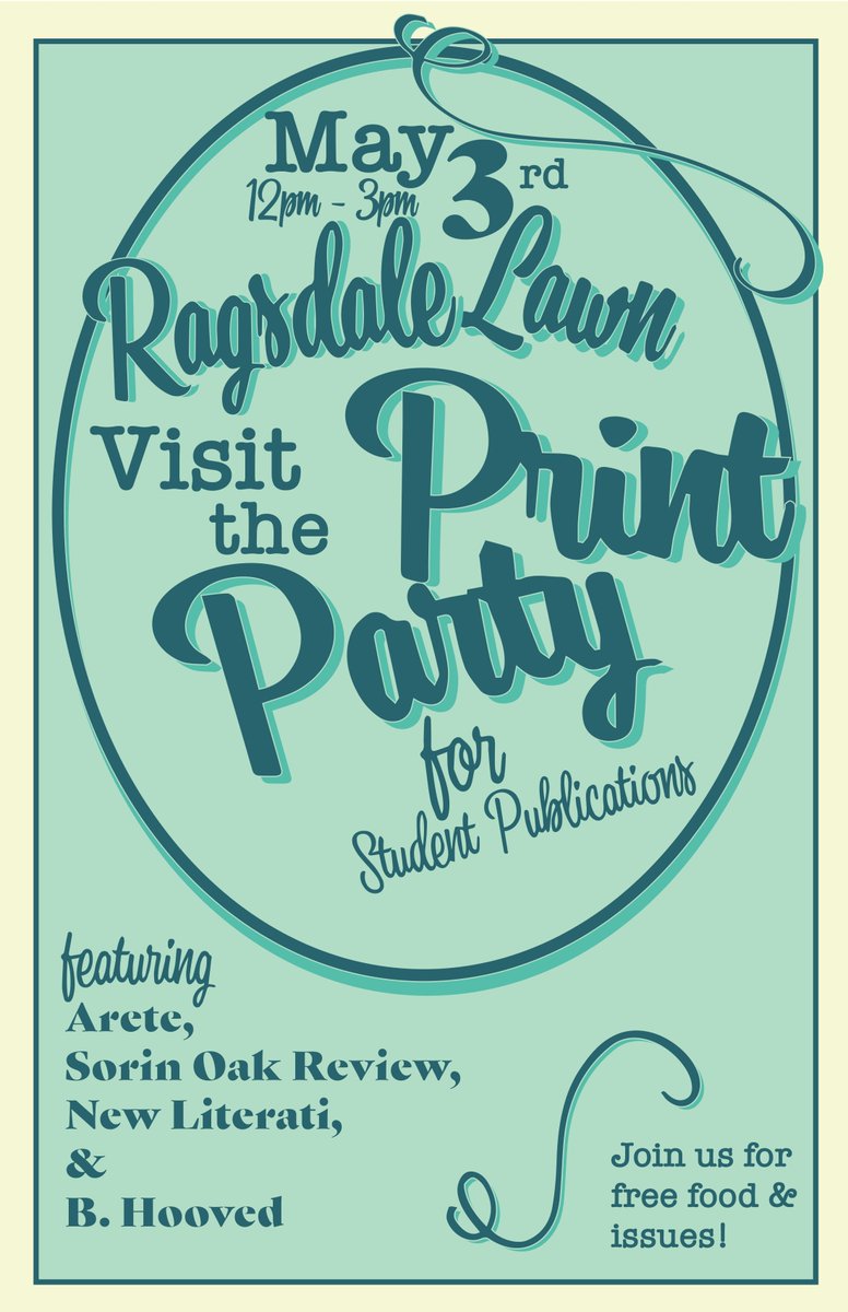 SorinOakReview1's tweet photo. We will be having a joint release party with @New_Literati, @AreteJournal, and @HoovedB on May 3rd from 12-3 on Rags lawn! Come by to eat, celebrate, and pick up all of our issues! https://t.co/b0sRsPJmrd