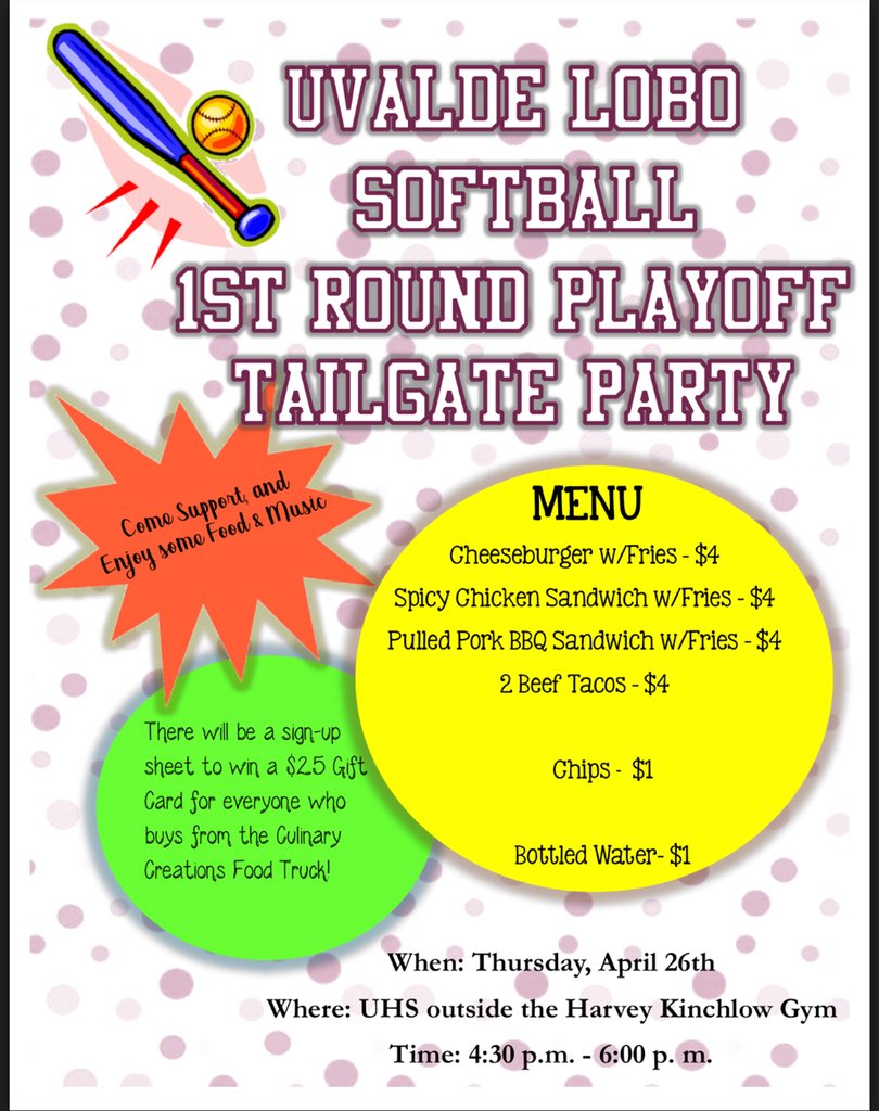 CoachRT_G's tweet photo. Attention UHS Student Body...IT’S PLAYOFF TIME TOMORROW!!!Lets help our Lobo Softball Team get that game 1 win! Join us for a Little tailgating before the game! Back The Pack! #ThisIsUvalde #1-0 #BeatGP #TheU https://t.co/5t16c18NTr