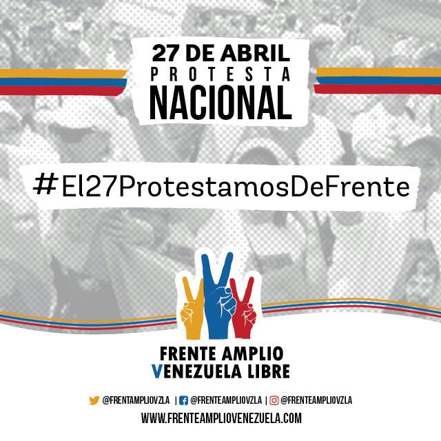 unidadvenezuela's tweet photo. ¡Venezuela se hará sentir este viernes #27Abr durante 2 horas en una gran protesta! Organízate en tu zona, elabora pancartas, alza tu voz contra la crisis, la corrupción y el fraude, difunde fotos y videos por las redes sociales. ¡Queremos un país libre! #El27ProtestamosDeFrente https://t.co/xwYkQGue9y