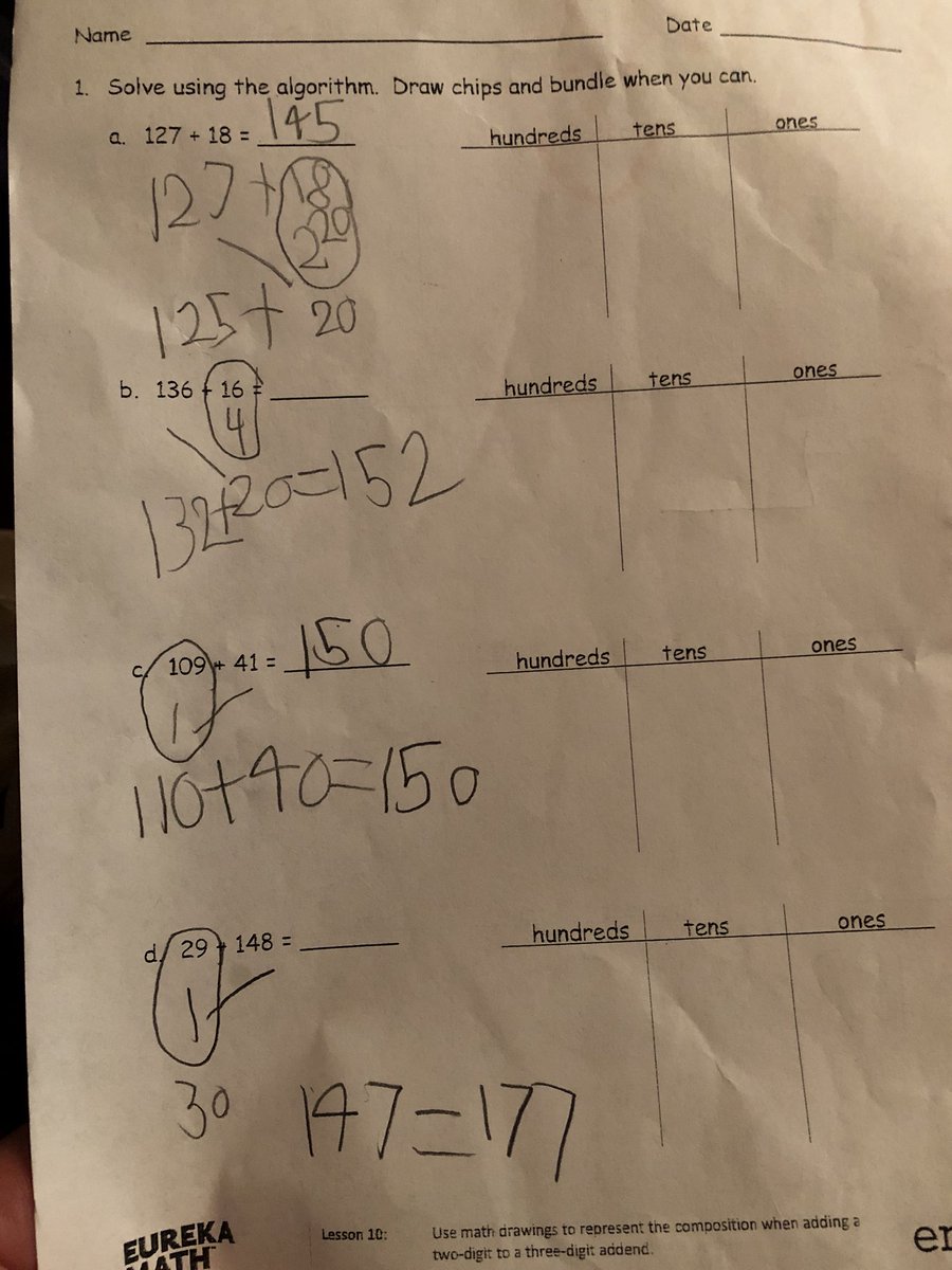 Meggers5163's tweet photo. Big shoutout to @heritage_elem, my son came home tonight and was able to explain his reasoning and work on adding two and three digit numbers! #makefriendlynumbers #make10 #1stgrade #masteringstandards #lifelonglearner https://t.co/bTO2hXPH3A