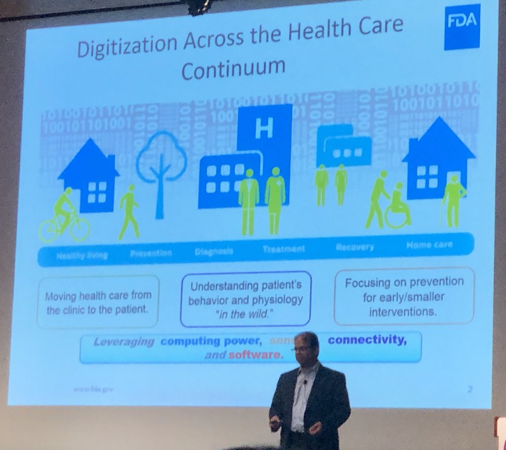 daniel_kraft's tweet photo. Digitization across the healthcare continuum: Great summary slide from @_bakulpatel FDA #DigitalHealth lead: From the clinic to the patient, understanding patient behavior &amp; physiology in the wild, focusing on earlier, smaller interventions.  #DigitalMedTech #DMTC18 #xMed https://t.co/jwDW5oaaUy
