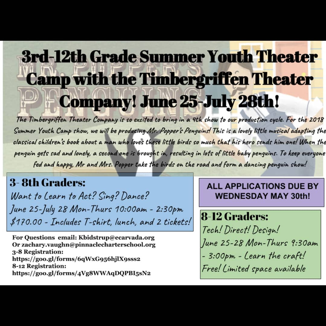 EC_Arvada's tweet photo. Don't miss out on two fun #timbergriffen events coming soon! May 19th Rummage Sale 9am-2pm and MR. POPPER’S PENGUINS summer theater camp! June 25- July 28th! https://t.co/Jc2fuiwsnu