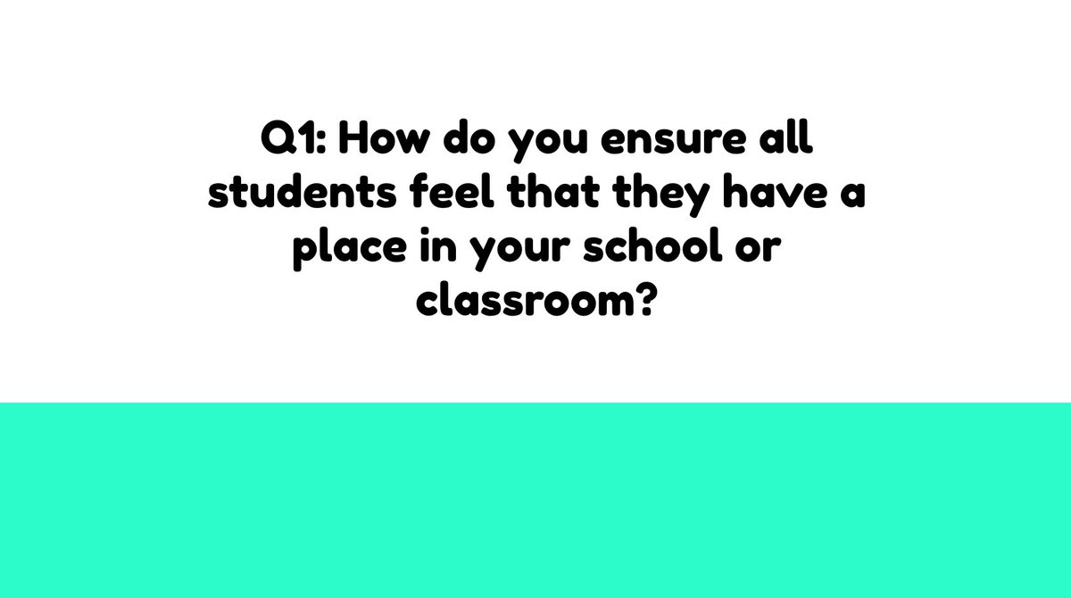 jmandell53's tweet photo. Here we go! Q1: How do you ensure all students feel that they have a place in your school or classroom? #d96chat https://t.co/hD7eaihBP4