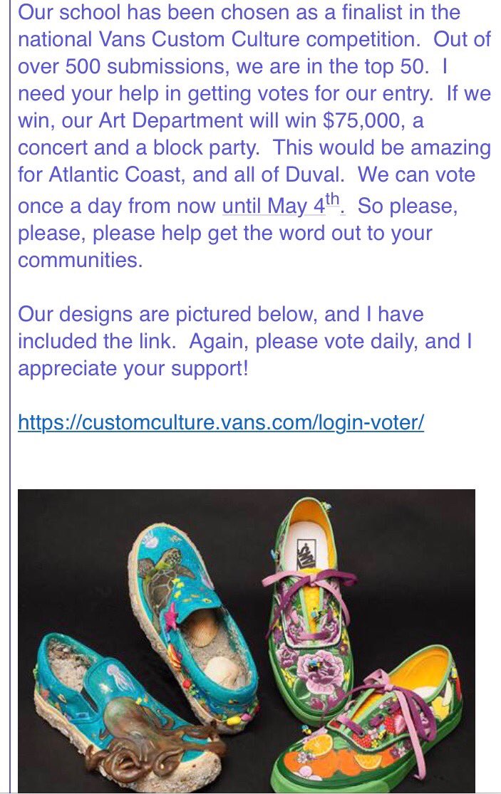 Atlantic Coast needs our help! What an amazing opportunity for one of our Duval family schools!

GO VOTE!!!

customculture.vans.com/login-voter/