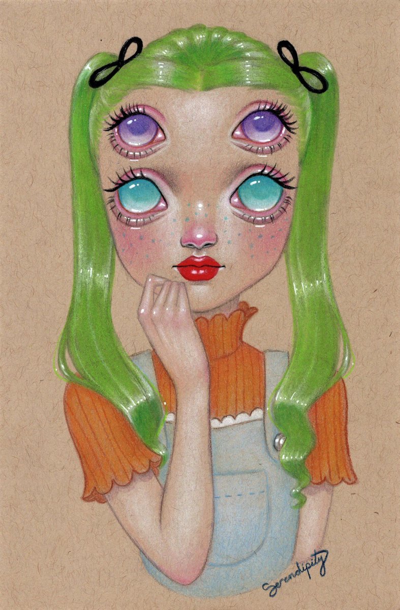 serendessa's tweet photo. 1 eyed Vermilia and 4 eyed Francine 💞
#coloredpencil #popsurrealism #art #drawing #tonedpaper #fantasyart #cute #kawaii #creepycute #1eye #4eye #greenhair #pinkhair #illustration #artistsontwitter #artwork #serendipitytheartist #serendipity #colorful #alien #strange #weird https://t.co/HsinyPhzCW