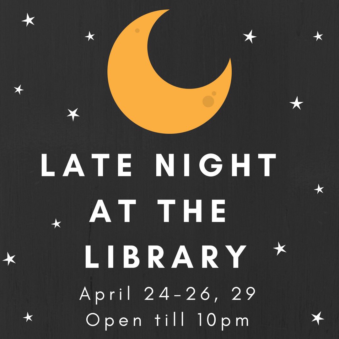 FishmanLibrary's tweet photo. Here are the correct Late Night hours!! We will be closing the Library at 4:30pm Monday.

#latenightatthelibrary #loveyourlibrary https://t.co/MfcYAjvvNg