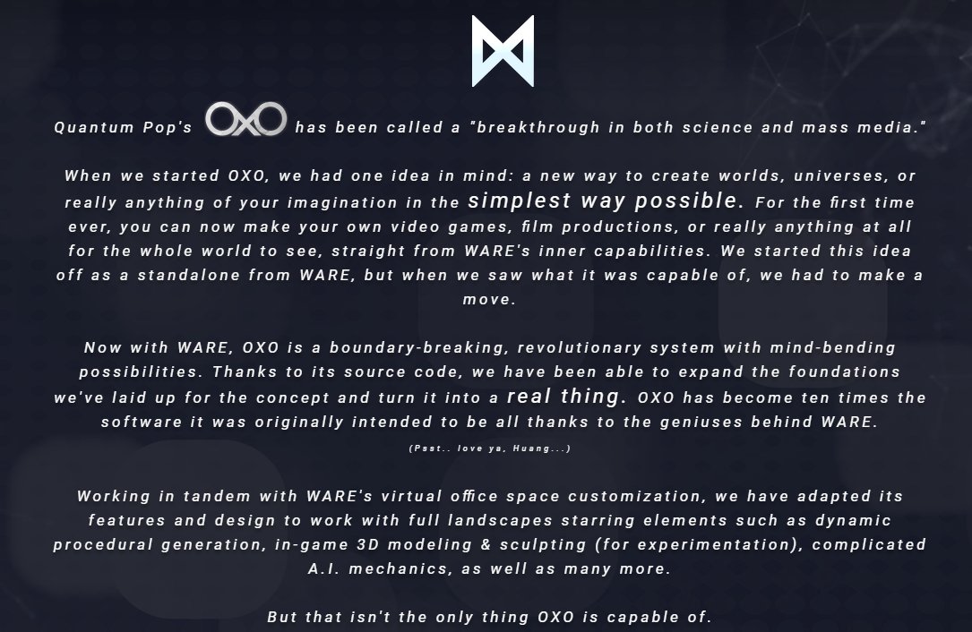 quantum_pop's tweet photo. https://t.co/888F2UySr0

Introducing #OXO: a new application for @warecloud 's #waretech that is promising to change everything you know about creation in multiple mediums.

Visit https://t.co/f7z62ewfNM to learn more! https://t.co/Ar6pZBPyCs