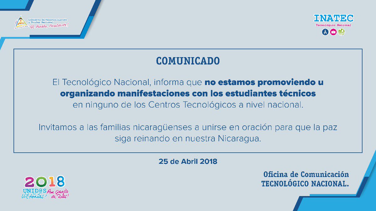 👉 Atención Protagonistas de Capacitación y Educación Técnica 📌
El Tecnológico Nacional, les informa ⤵️  #NicaraguaQuierePaz