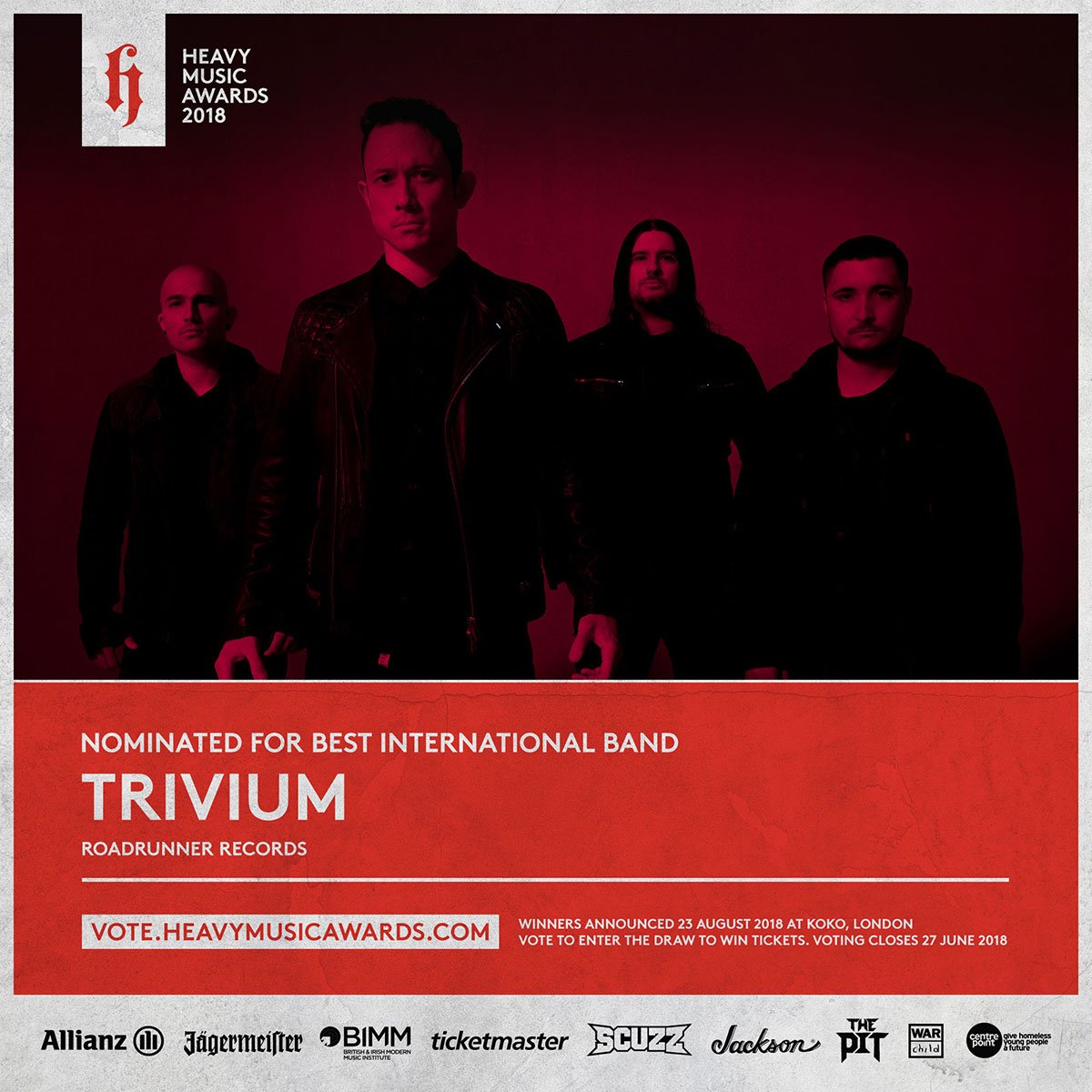 TriviumOfficial's tweet photo. We're excited to be nominated for #BestInternationalBand at the @heavymusicawds! Vote for us, now through June 27th at: https://t.co/vQIVxWrvzu 🤘#HMA18 https://t.co/sk0efENK3u