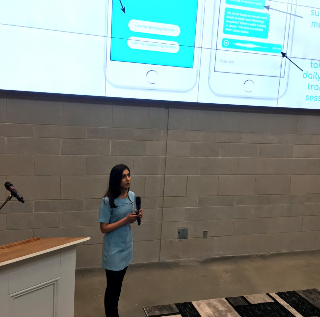 Sara Shah ‘17 pitches her venture, Blueming. Bleuming is a self-care mobile app designed to help the “birthing” and/or “supporting” partners who suffer from post-party depression and anxiety.