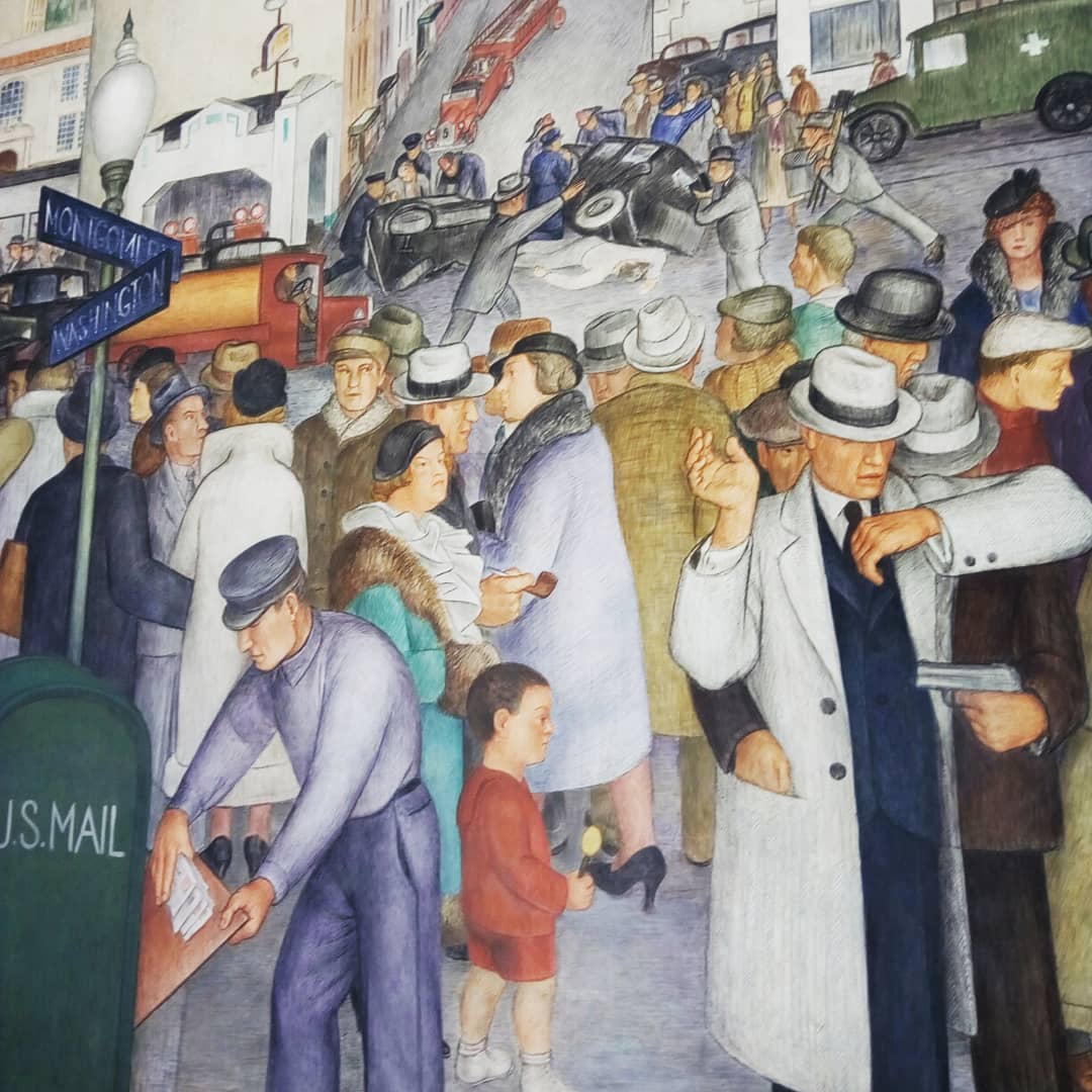 natpackertravel's tweet photo. I loved the #murals in @CoitTower they are done by students of #DiegoRivera and you can really tell. They all had a very similar style. #streetart #StreetArtChat #USpacker https://t.co/5h41GFdfyZ