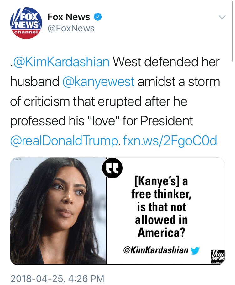 Fox News standing up for Kim Kardashian for defending Kanye West who expressed fondness over his president, Donald Trump who then returned the favour.

Who'd have thought 🤔

#OptimisticFuture
