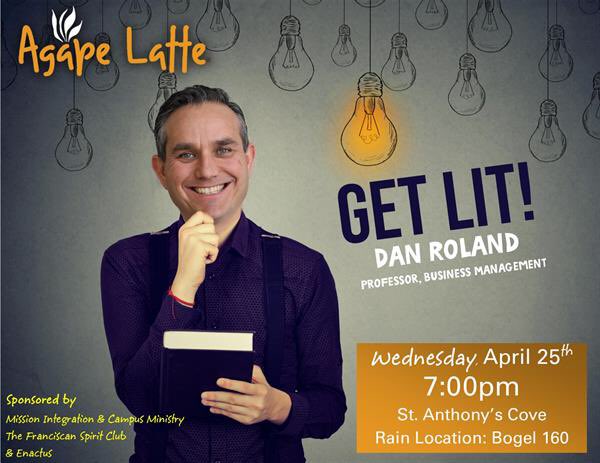 FranciscanHawks's tweet photo. Agape Latte is tonight! Join us at 7pm in Bogel 160 to hear Professor Dan Roland! Co-sponsored by @Hilbert_Enactus - Free food and prizes! @HilbertCollege https://t.co/ehheAP7zX2