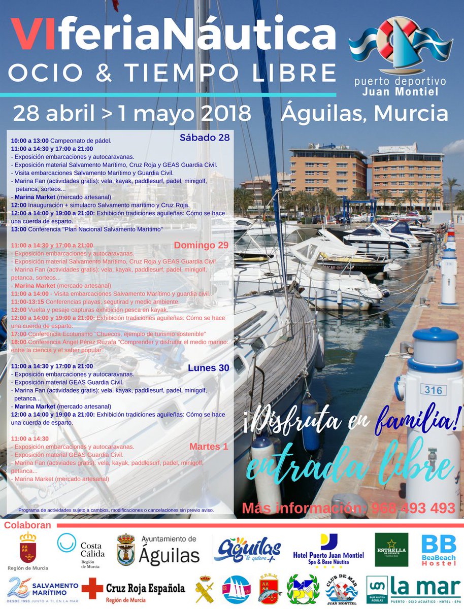 #VIferiaNáuticaJuanMontiel Este puente pásate por #Águilas y disfruta de nuestra #exposición de barcos, #Conferencias #actividadesnáuticas gratuitas #deporte #MarinaMarket #vela #kayak simulacro de emergencias #y disfuta con tu familia de 11 a 14.30 y de 17 a 21. @Aguilas_Turismo