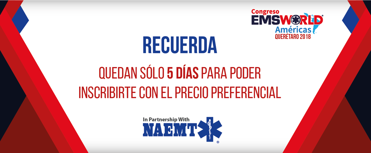 EMSWorld2's tweet photo. Solo quedan 5 días para que te puedas inscribir con el precio preferencial.
No pierdas la oportunidad de asistir al evento mas importante en medicina de emergencias de latinoamerica.
https://t.co/OU1bYEyXFt
#EMSWorldAmericas #EMSQueretaro2018 #MedicinaEnEmergencias https://t.co/tZk17xuxqL