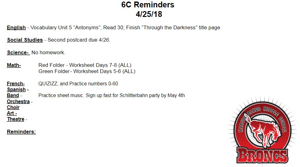 Baker6c's tweet photo. Homework Slide for Wednesday, April 25, 2018 https://t.co/pQ0jQGEZqZ