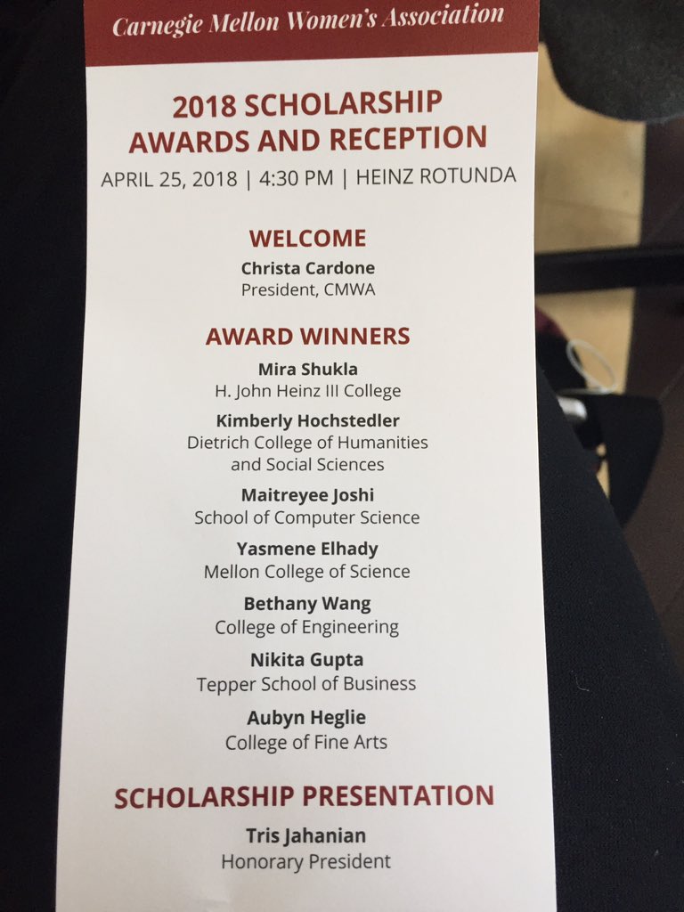 CMU_StatDS's tweet photo. Congratulations to all the Carnegie Mellon Women's Association 2018 Scholarship winners with a special shoutout to @CMU_Stats Kim Hochstedler and Nikita Gupta!!! @CMU_DietrichHSS #CMWA #awardseason https://t.co/8b2PYiKK5G