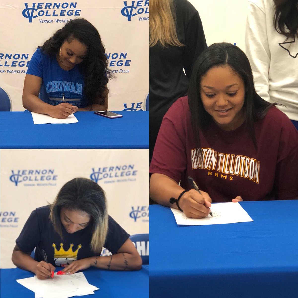 VernonCollegeVB's tweet photo. Congratulations Ladies! Arianna Brooks- Huston-Tillotson University , Micayla Pope-Chowan University, Sydney Robinson - Texas A&M Commerce University . #Chapsmovingon #VCVolleyball https://t.co/RsNxAkXEoh