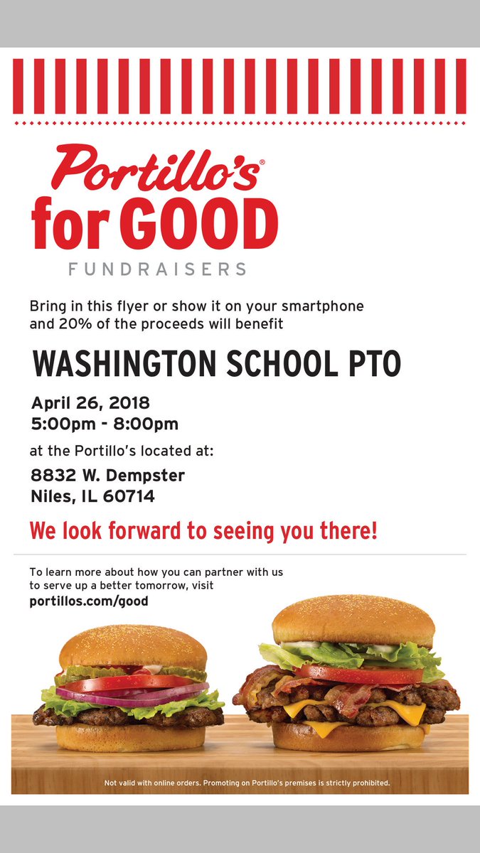 Everyone loves <a href="/portilloshotdog/">Portillo's</a> ! Treat yourself while helping out the Washington School PTO! April 26 5pm-8pm at the Niles Portillo's.